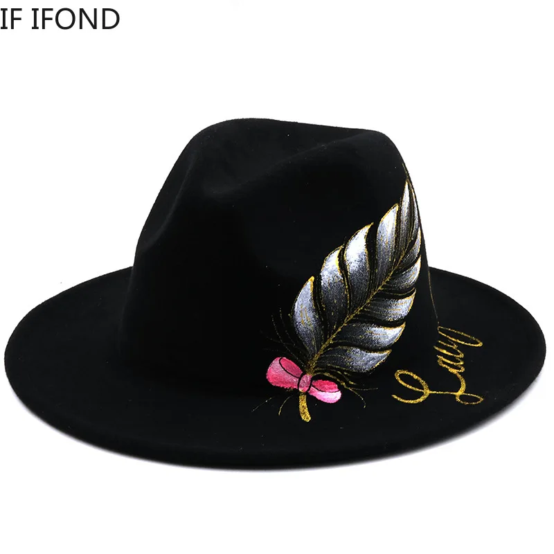 

Vintage Cool Felt Jazz Fedora Hats New Hand Painted Floppy Wide Brim Wool Felt Cloche Hat Panama Trilby Cap