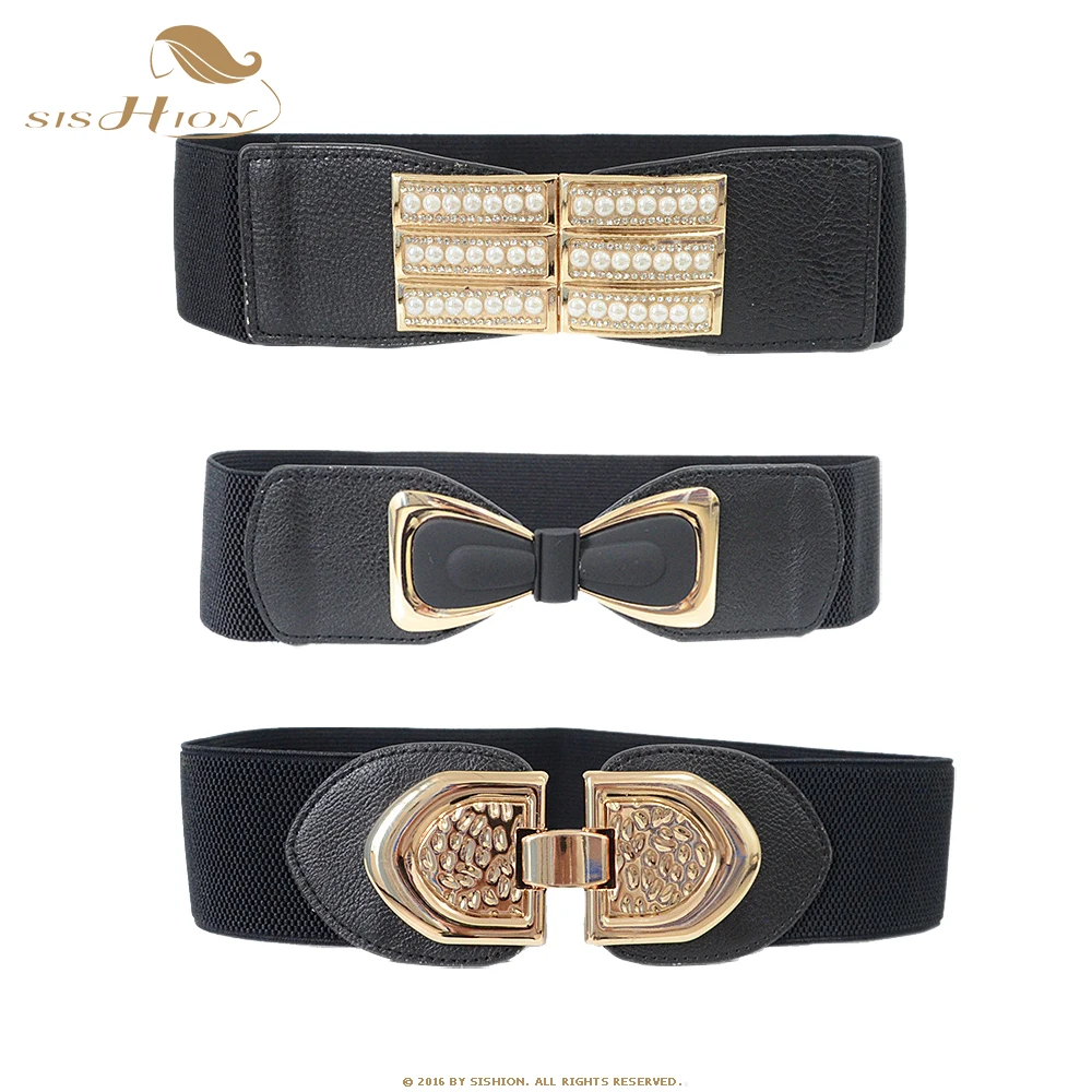 SISHION Black PU Leather Elastic Belt cinturones para mujer QZ0401Fashion Girdle Women's Pearl Buckle Closure with Coat