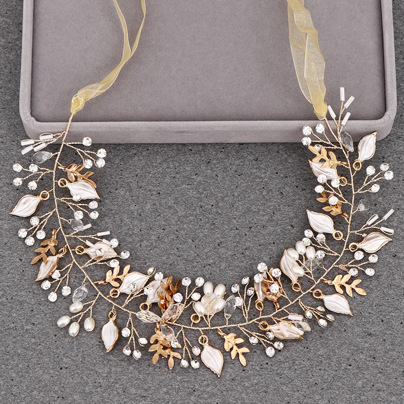 Повязка на голову женская легкая Золотая свадебная тиара с жемчугом аксессуар