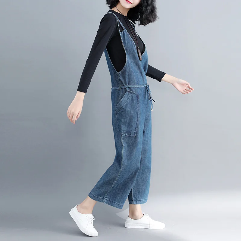 Large Size Rompers Women Overalls High Waist Lace Up Jumpsuit Women Denim Rompers Autumn Loose Wide Leg Suspenders Jumpsuits