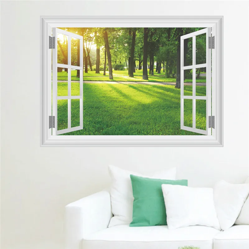 

Forest Tree Sunshine 3d Window Wall Stickers Living Room Bedroom Decoration Natural Scenery Pastoral Mural Art Diy Home Decals