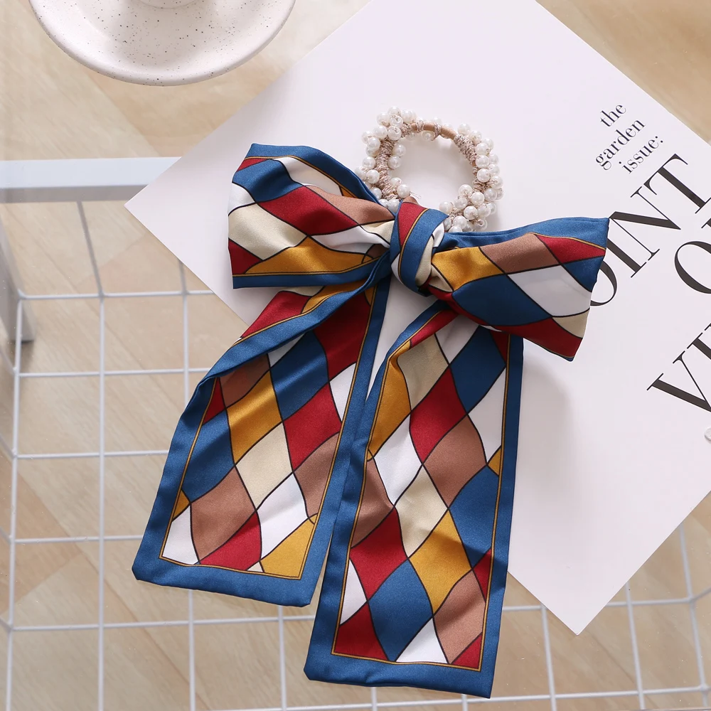 

Fashion Pearl Colorful Bow Satin Long Ribbon Women Hair Scrunchies Scarf Ponytail Holder Elastic Hair Bands Hair Accessories