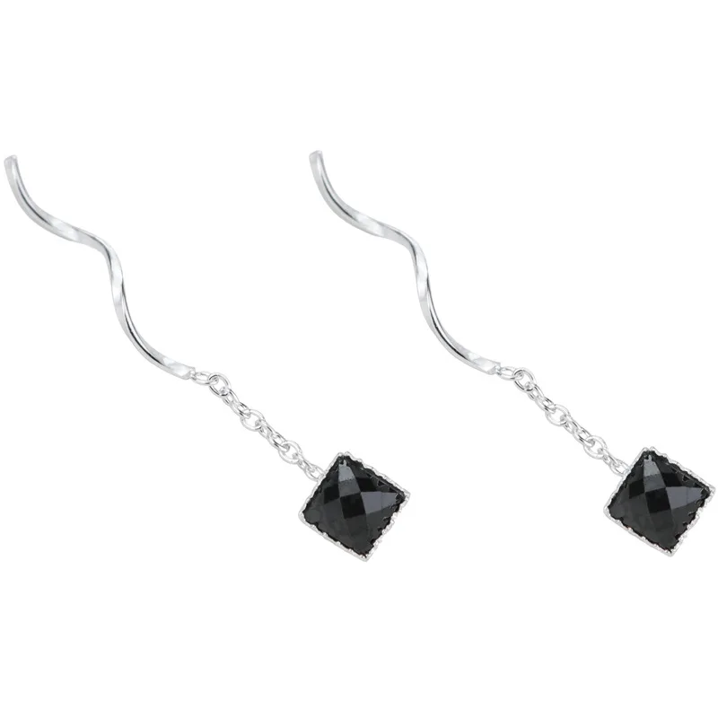 

S925 Sterling Silver Wave Earrings Square Black Crystal Earrings Temperament Long Earrings Dangle Earrings for Women