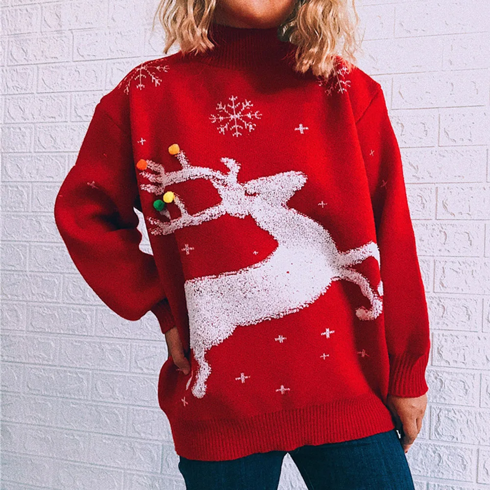 

Women's Sweater Autumn And Winter New Fashion Casual Loose Retro High Neck Long Sleeves Christmas And New Year Themed Tops