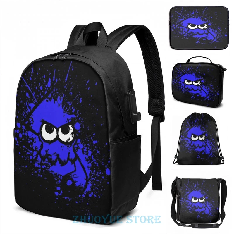 Splatoon черный кальмар с пустым глаза на синем брызги маска USB заряд рюкзак школьные