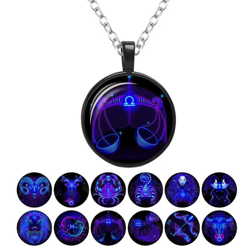 

HI MAN Zodiac Pendant Necklace Women 12 Constellation Dark Glowing Glass Chain Unisex Fashionable Birthday Gift