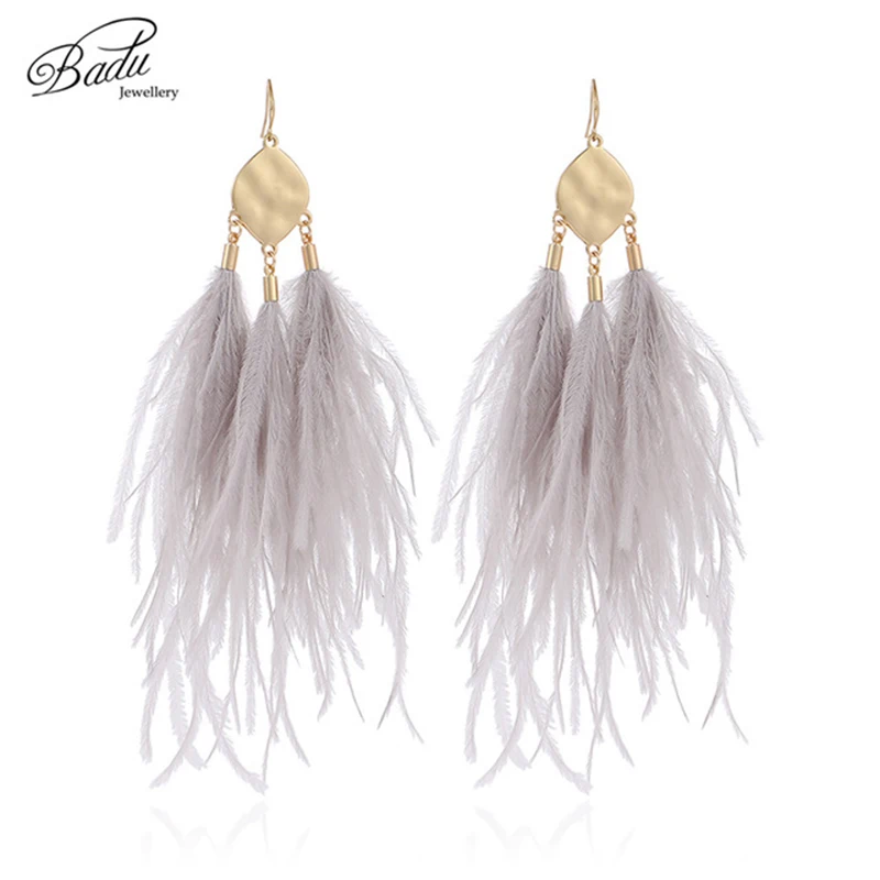 Винтажные серьги Badu в виде страусиных перьев длинные женские капли на осень и