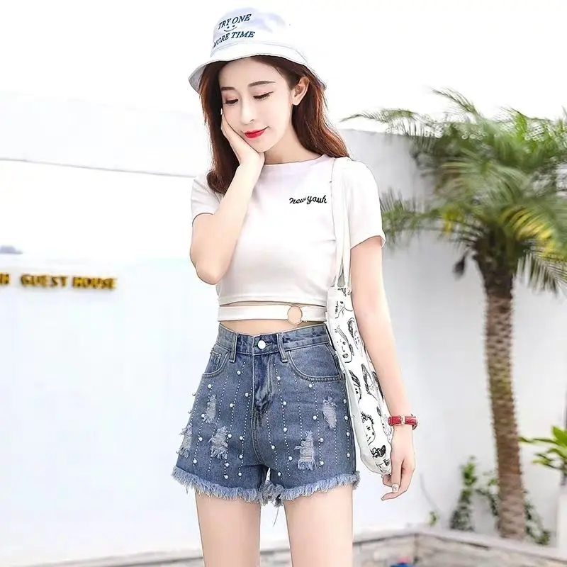 Женские джинсовые шорты с высокой талией повседневные свободные из денима