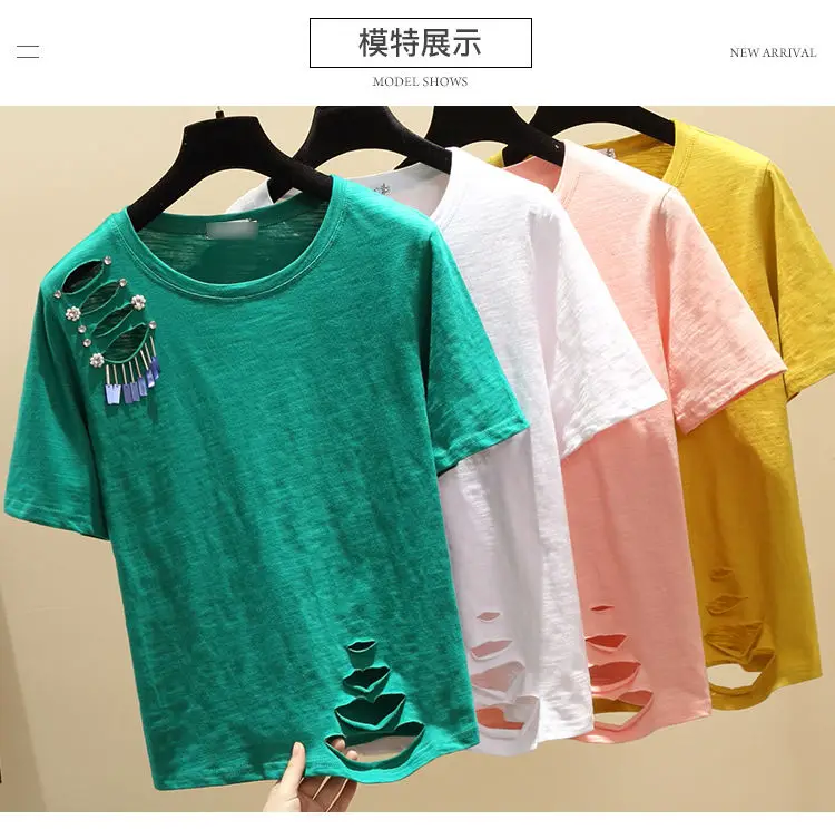 

Short Sleeve Tshirt Cotton Shirts Woman New Korean Style Loose Fitting 2XL T-shirt Women's Hollow Holes Tee Tees Students Tops