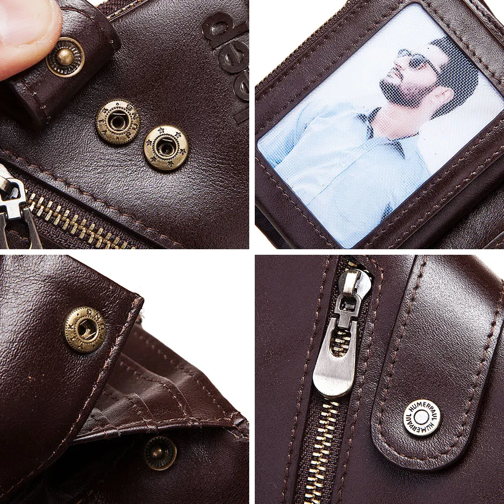 

Rfid 100% Genuine Leather Men Wallet Small Coin Purse Mini Card Holder Chain PORTFOLIO Portomonee Male Walet Pocket Zippers