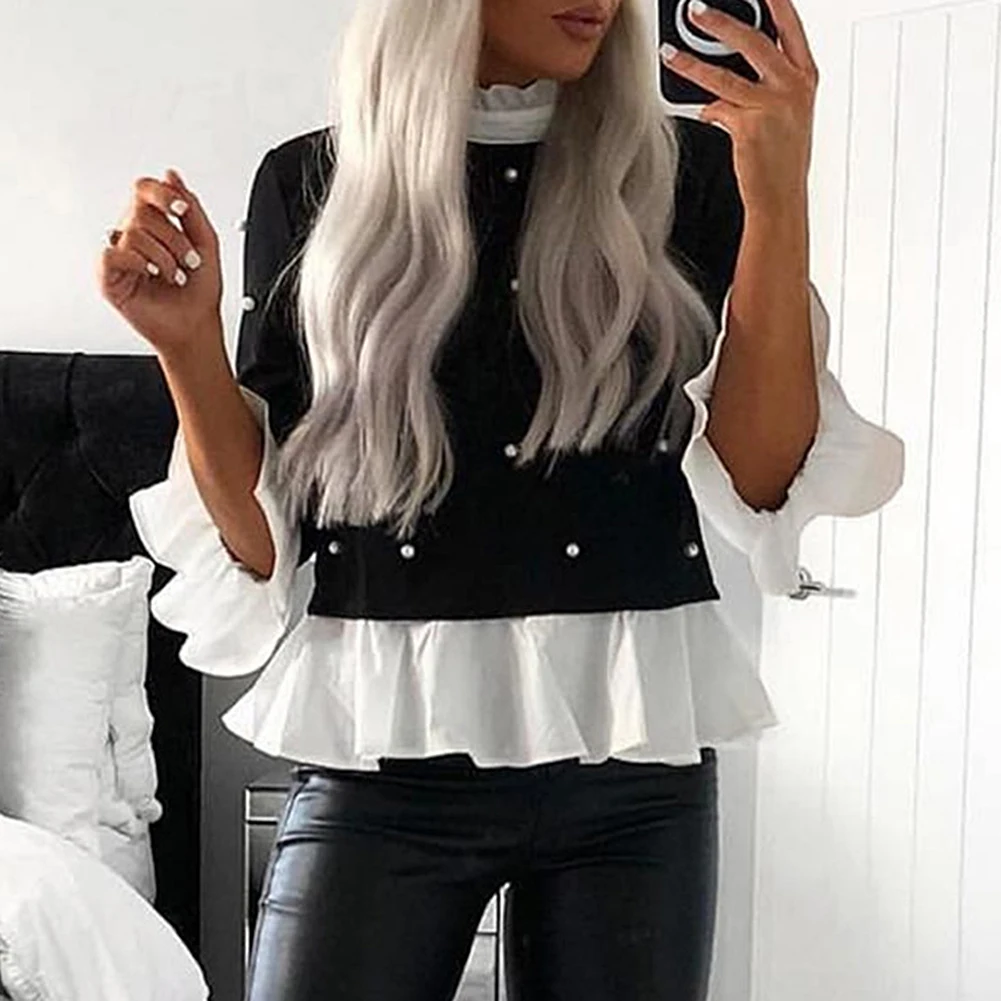 Женские кружевные топы с оборками и длинным рукавом повседневные свободные