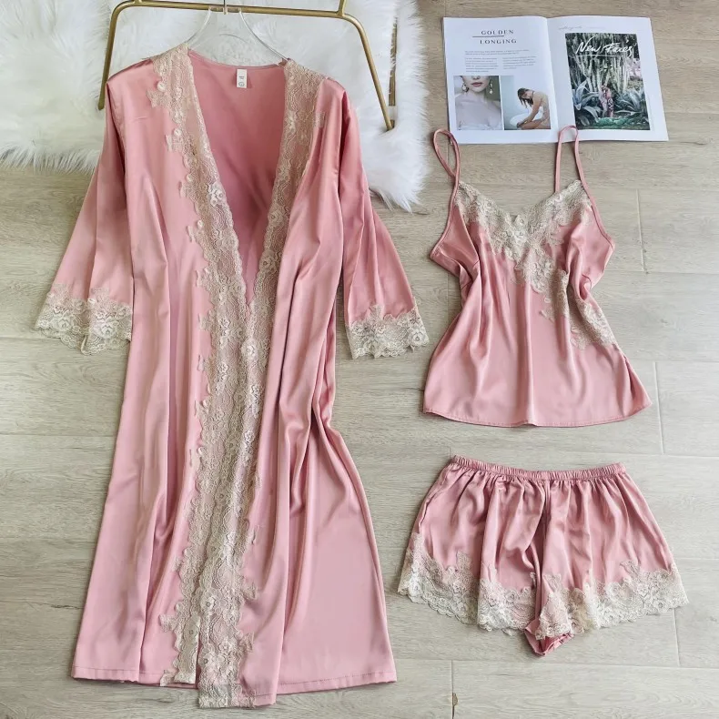 

Lady Home Clothing Intimate Lingerie Sexy Lace Sleep Set 2021 Autumn New 3pcs Pajamas Suit Long Sleeve Casual Nightwear Pyjamas