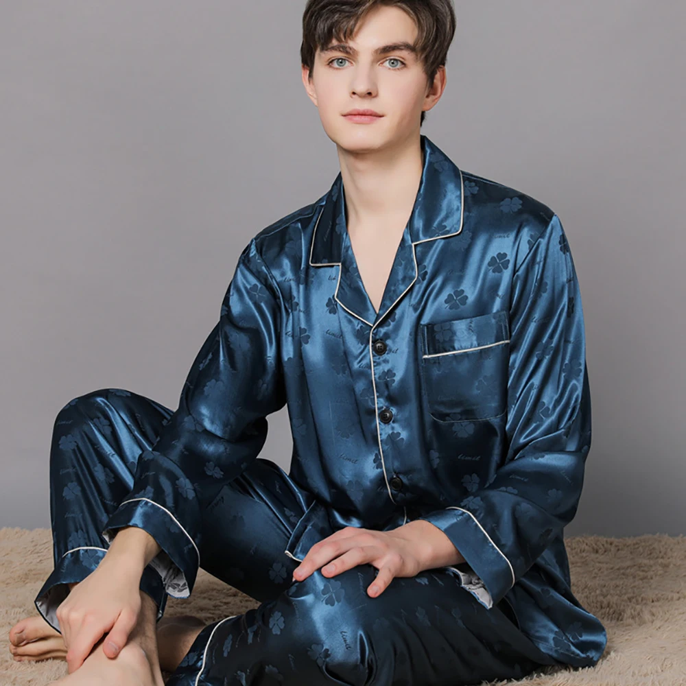 

Pajama Male Fashion Jacquard Ice Silk Summer Spring Cool Pajama Sets Soft Thin Long Sleeve Sleepwear+Long Trousers Suits pyjama