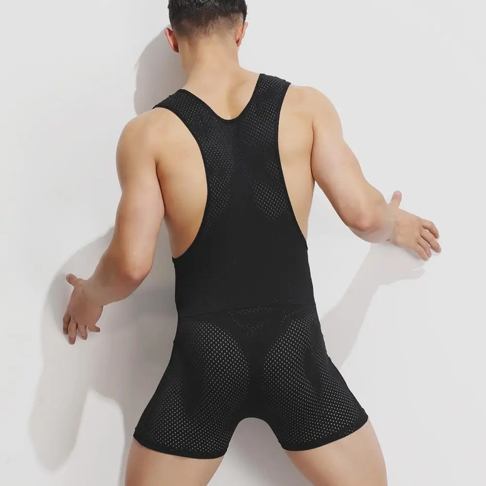 Men Sexy Mesh Bodysuit Wrestling Singlet Fetish Gay Male Jockstrap Underwear Erotic Shapewear Fitness Suit See Through Jumpsuits