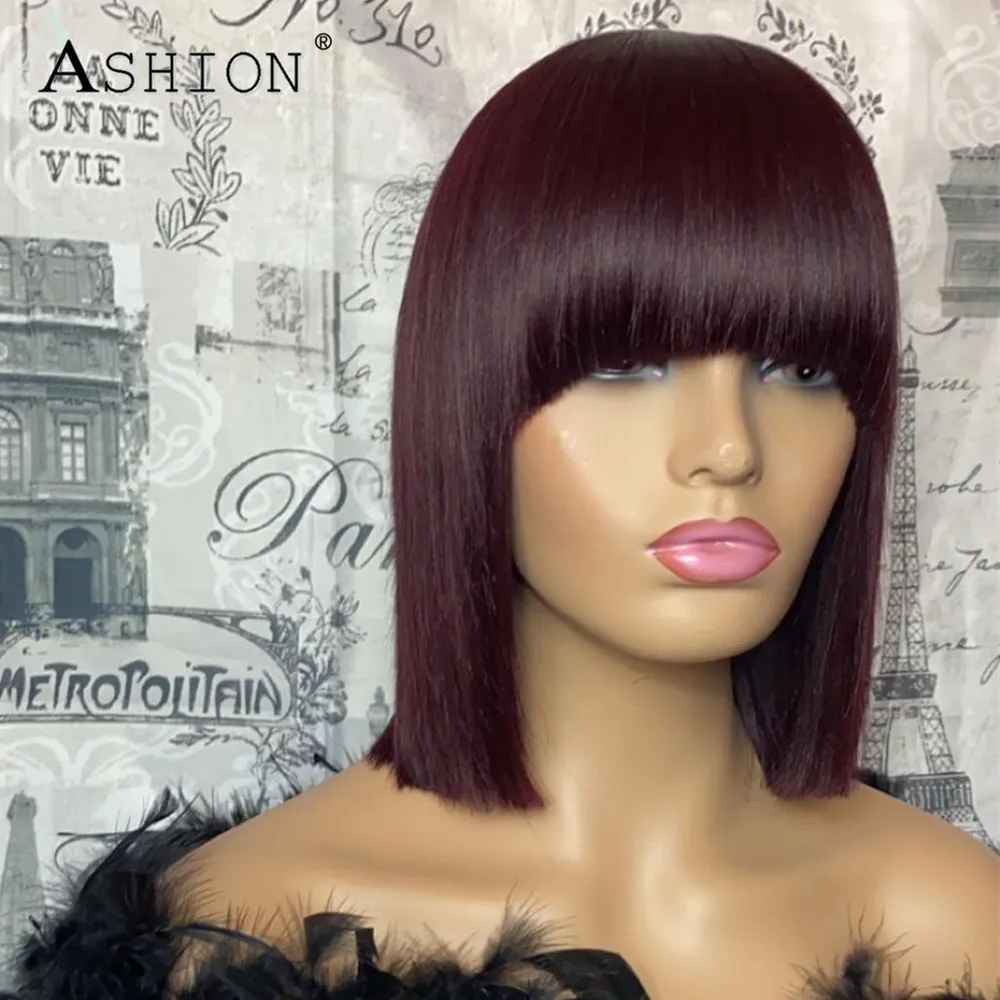 

99j Colored Bob Cut Human Hair Wigs Straight for Women Short Bob Peruvian Remy Hair Full Machine Made Wigs with Bangs Glueless