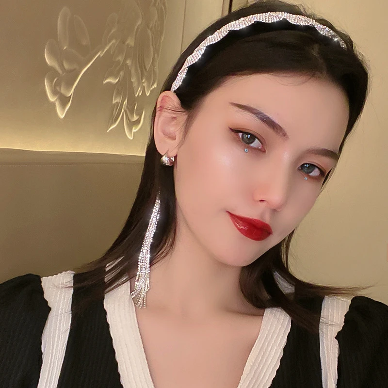 

New Korea Style Tassel Long Asymmetry Rhinestone Headband For Women Black Velvet Hair Clip Wedding Hair Accessories Jewelry