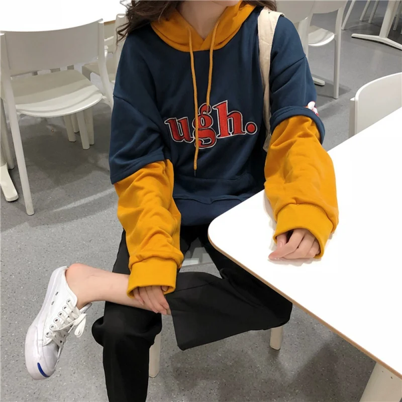 Толстовка с имитацией двух kpop толстовки капюшоном пуловер длинными рукавами в