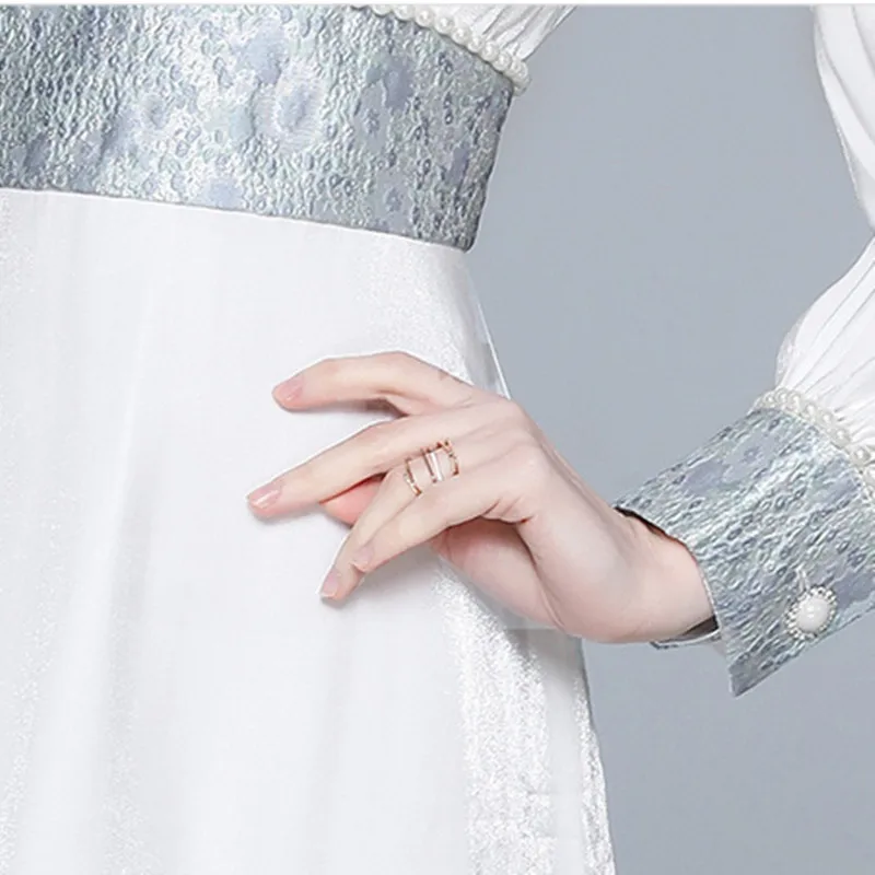 

Women Spring New Luxuriy Elegant White Dress Fashion High-End Vintage Jacquard Splicing Lady Full Sleeve Beading Dress Vestidos