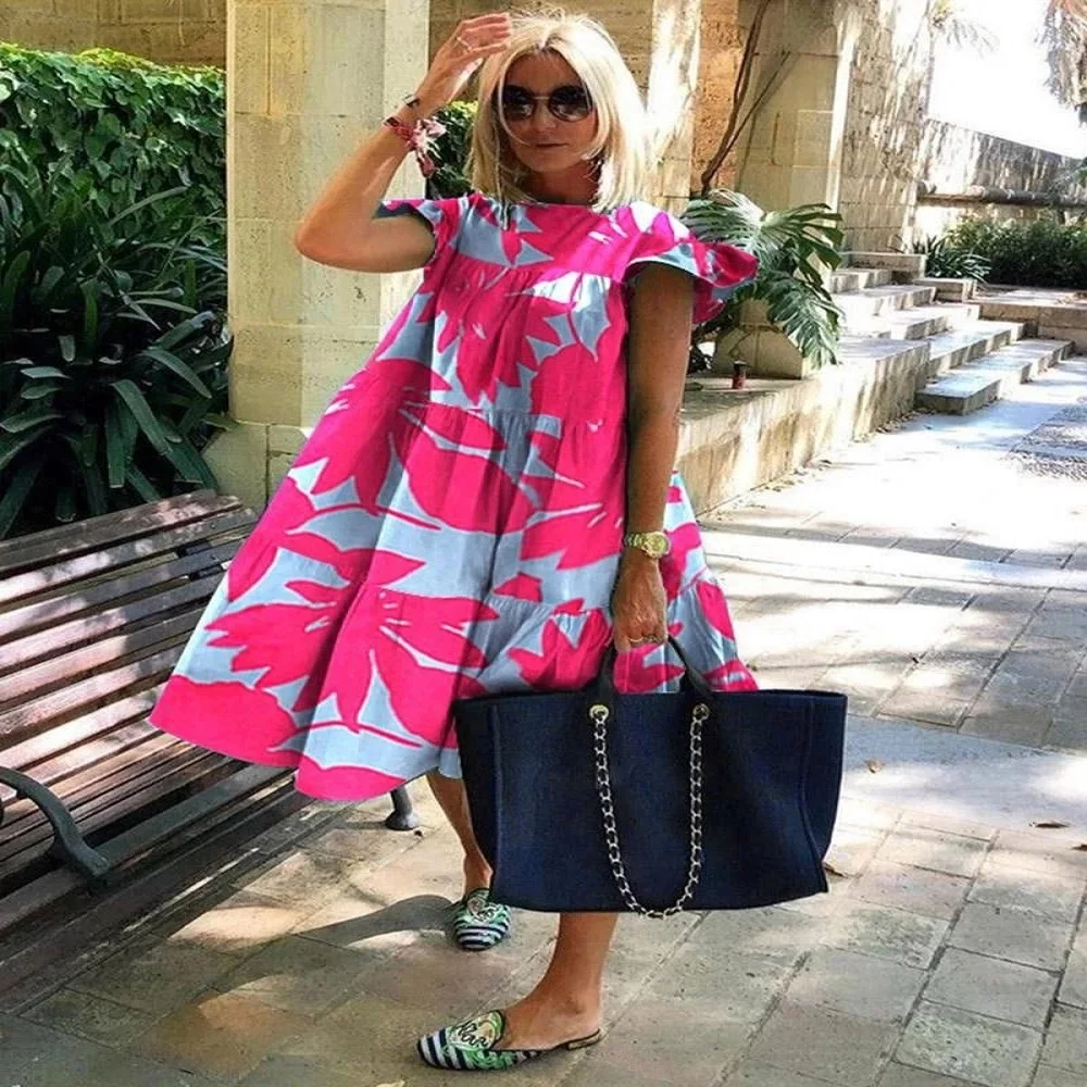 

Elegant Vintage Women Summer Dresses 2021 Casual Loose Oversized Dresses Short Sleeve Female Clothes Spring Aesthetic Retro 3XL