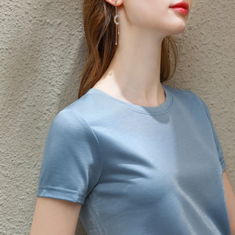 

Top Ladies Sexy Top Ice Silk Summer New Short-sleeved Solid Color Round Neck Slim T-shirt Trend Bright Silk Temperament Blouse
