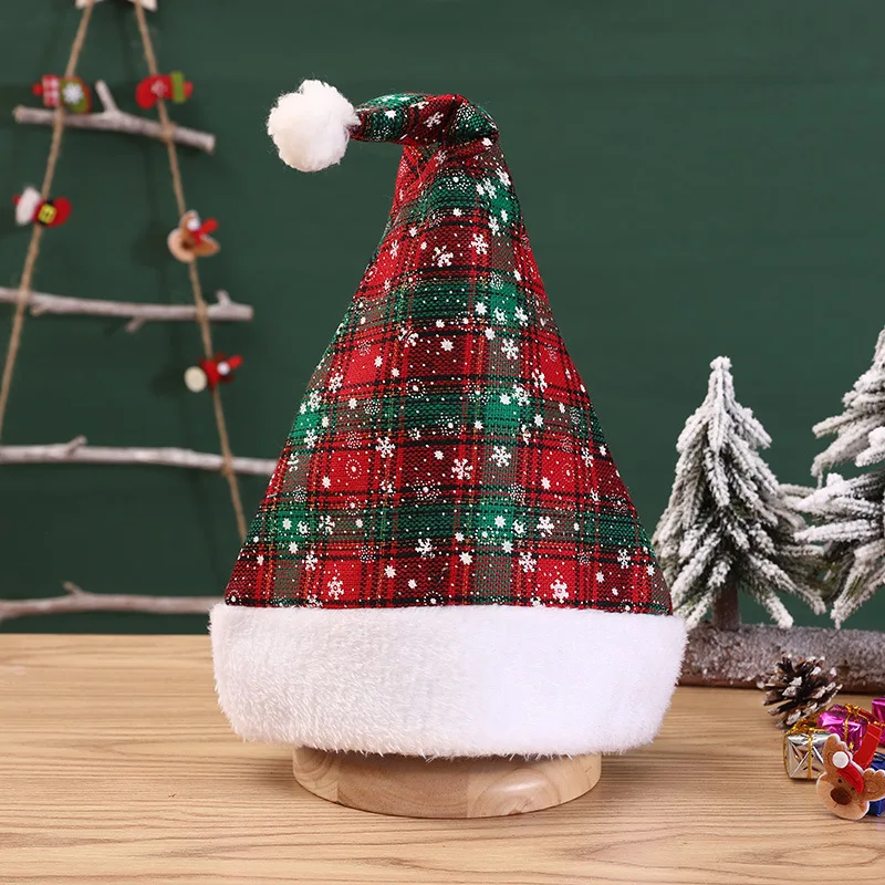 

New Christmas decorations red and green plaid hat with snowflake sequins