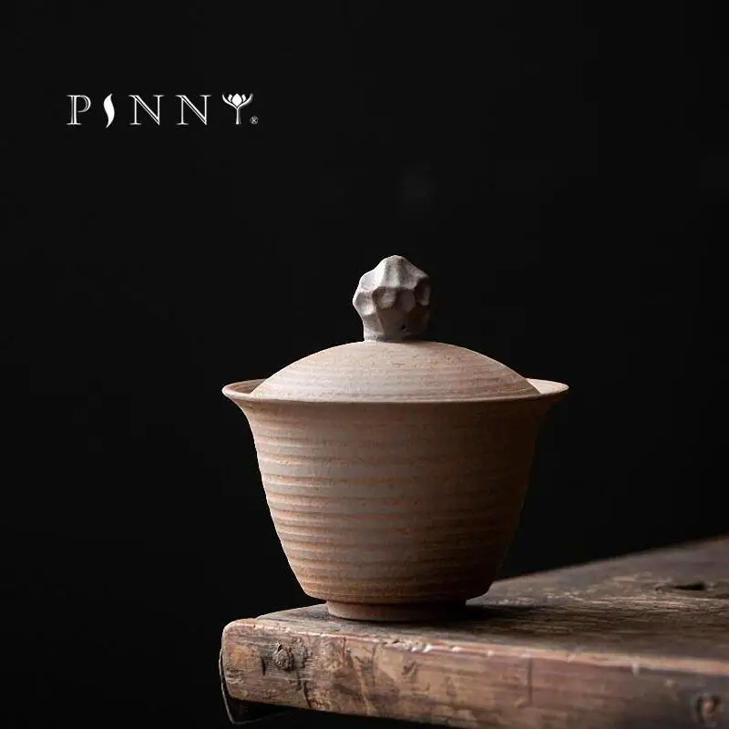 

PINNY Japanese Style Retro Coarse Pottery Gaiwan 150ML Ceramic Tea Bowl Kung Fu Tea Tureen Vintage Drinkware