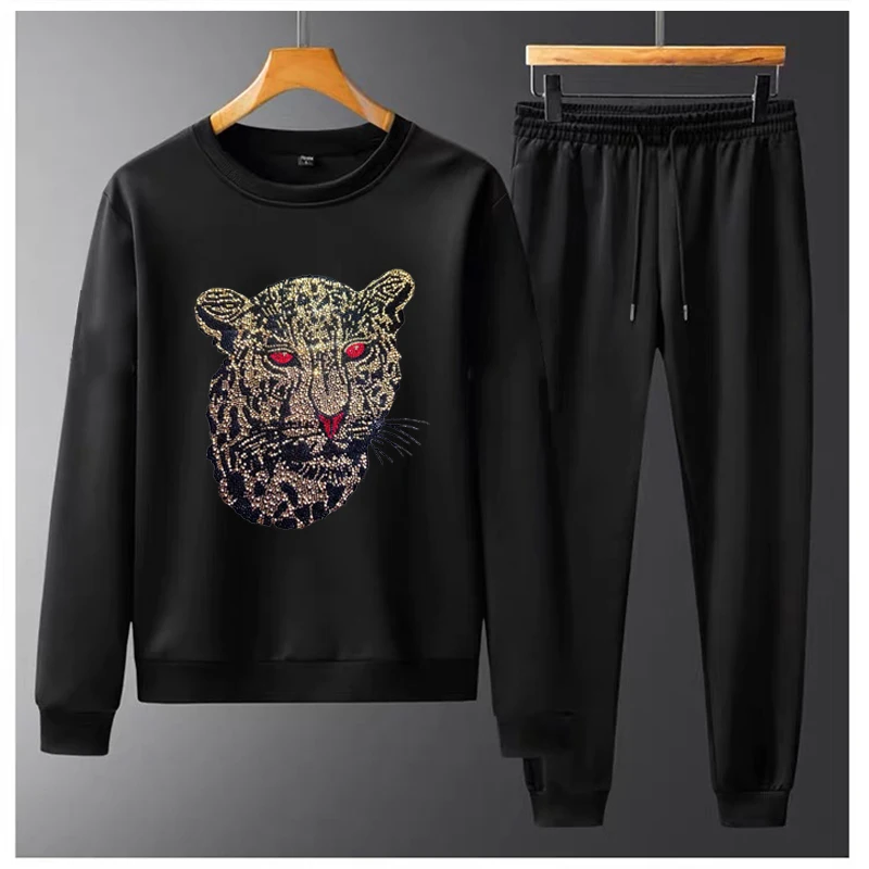 

New Casual Oversized Hoodie Streetwear Hot Diamond Craft Animal Cotton Fabric Autumn And Winter Men's 2 Piece Track Suit