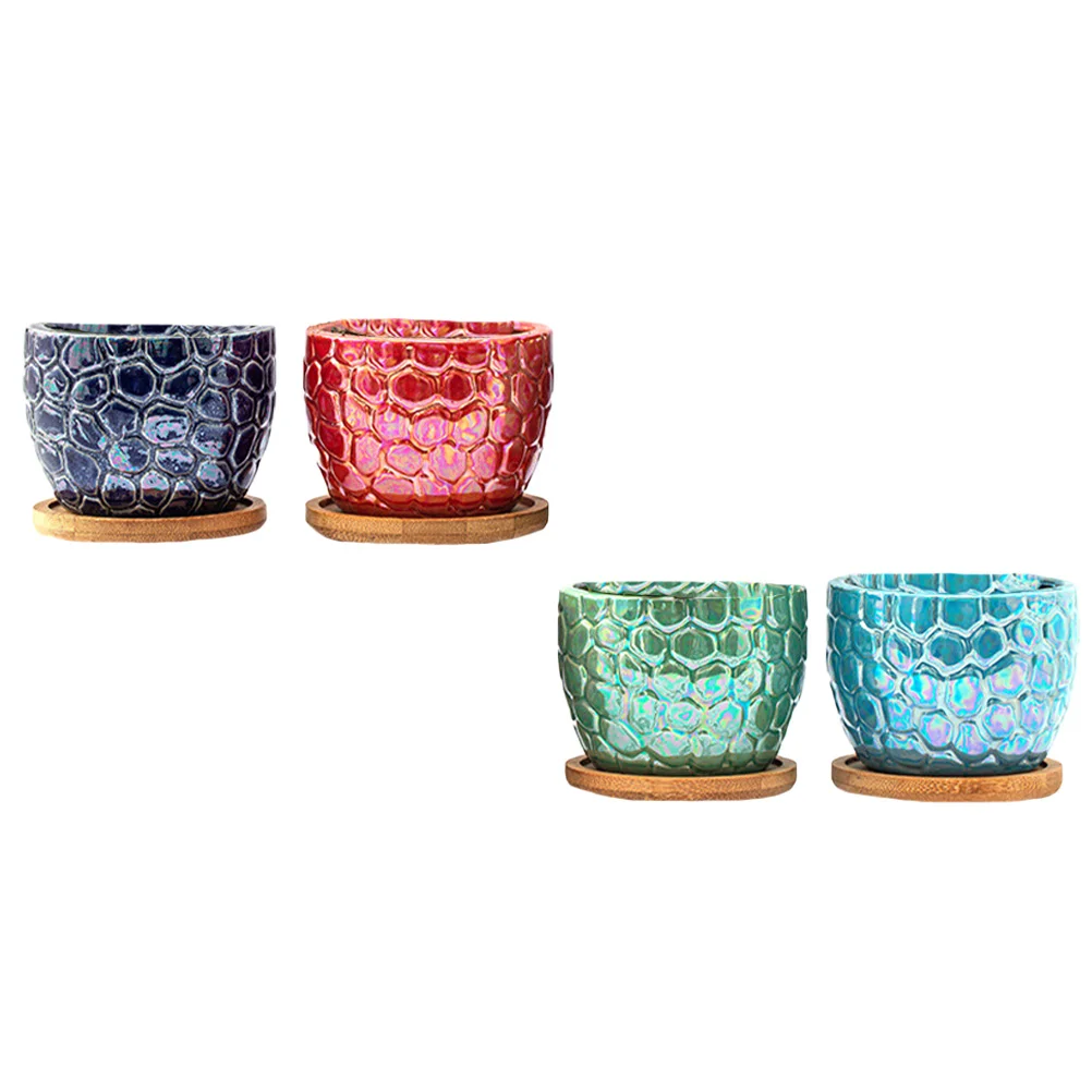 

1 Set 4Pcs Flower Pot with Tray Ceramics Succulent Pot Planter Creative Planter