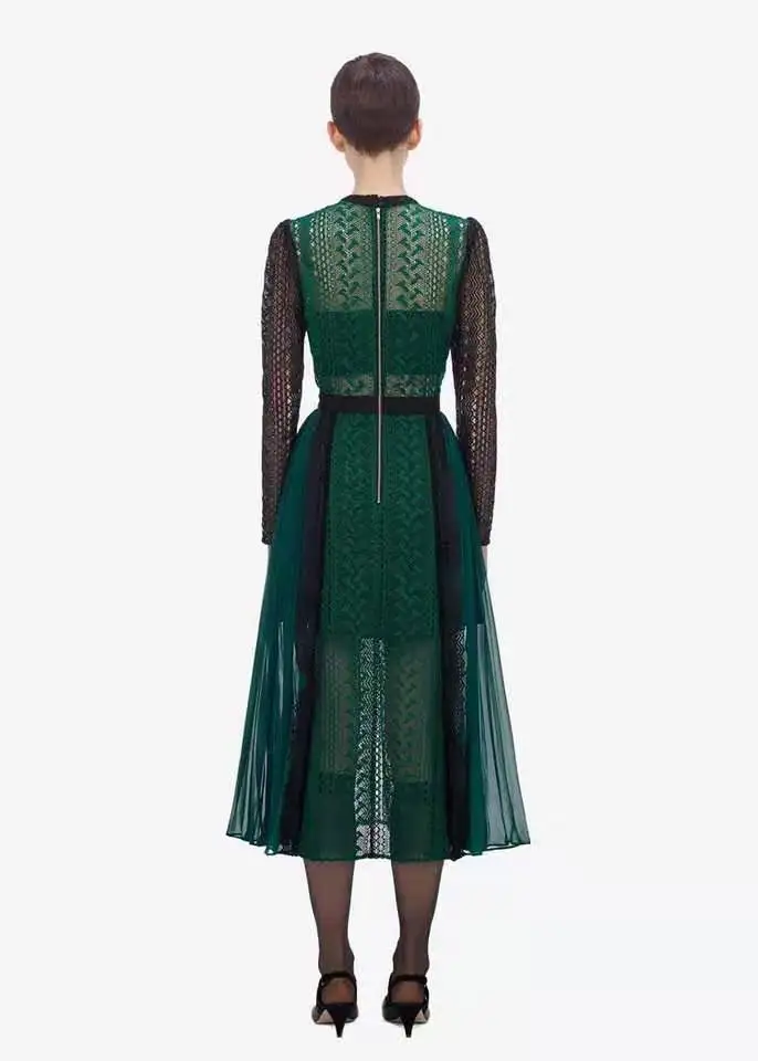 Женское шифоновое платье-Автопортрет зеленое Плиссированное кружевное платье с