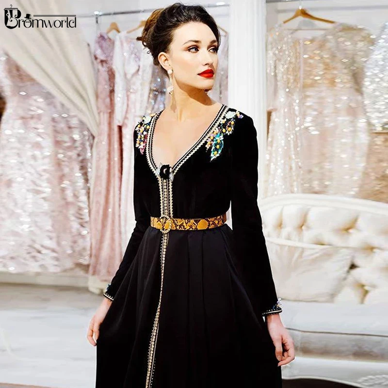 Элегантные вышитые бисером марокканские кафтан черные длинные вечерние платья с