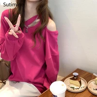 2021 new version of off shoulder long sleeved sweater loose casual top asymmetric hedging capless sexy long sleeved womens top