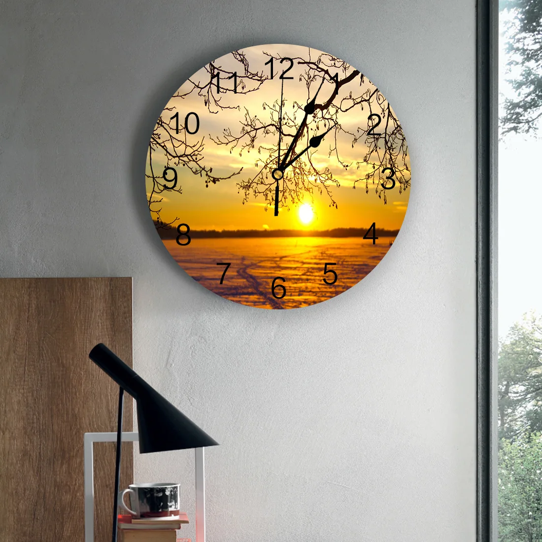 Креативные настенные часы с изображением моря солнца неба заката ветвей