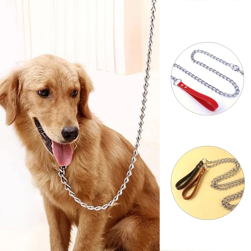 

For Small Medium Large Dog Chain Leash PU Leather Handle Leads Iron Chain Anti-Bite Metal Dog Chain Lead Pet Supplies