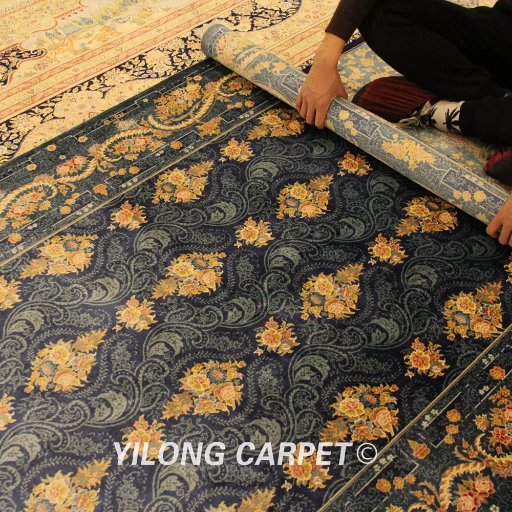 Yilong 4 5 'x 6 5' Синий турецкий традиционный шелковый ковер с цветочным узелком
