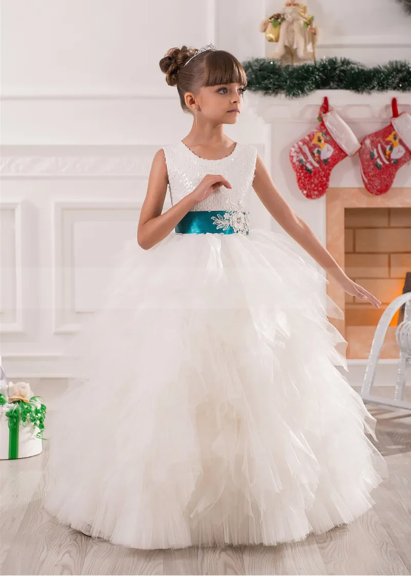

Ivory Sequin Tulle Ruffle Long Flower Girl Dress for Wedding 2021 Ball Gown First Communion Dress