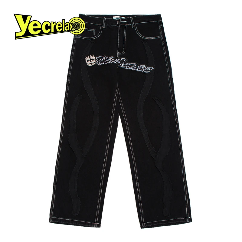 

Men's Pants Retro Skull Letter Embroidery Pants Gothic Jeans Fashion Loose Straight Fashion Harajuku Wide Leg Pants Men Jeans