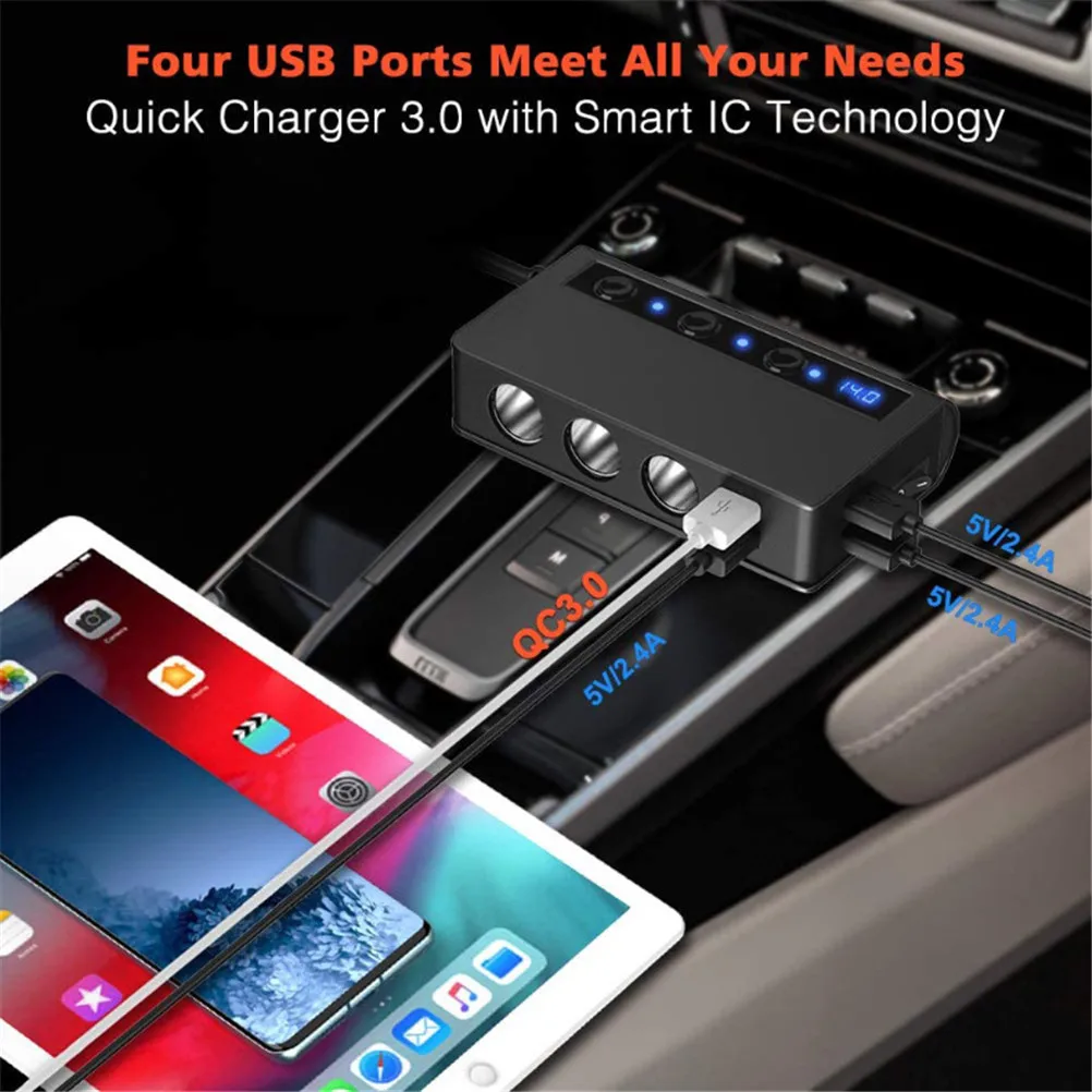 

12-24V Auto Car Cigarette Lighter Socket Splitter QC3.0 USB Car Charger Plug Adapter Voltage Display 180W