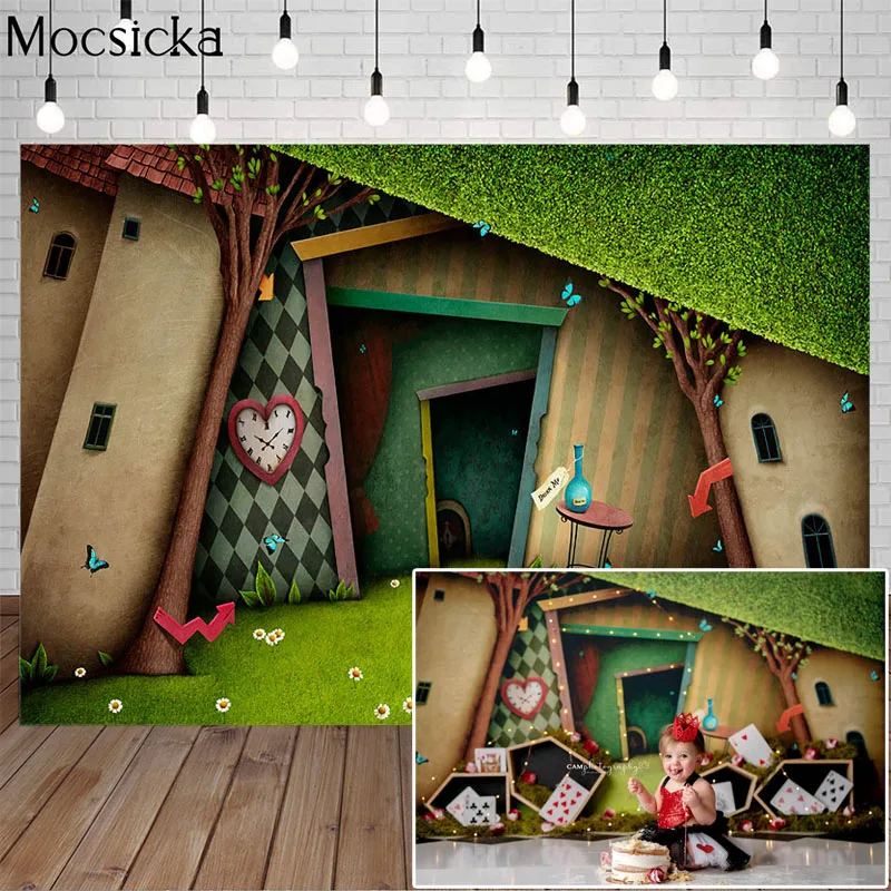 

Magic Door And Tree Clock Photography Background Fairy Tale Wonderland Photo Background Children Birthday Backdrop for Photo