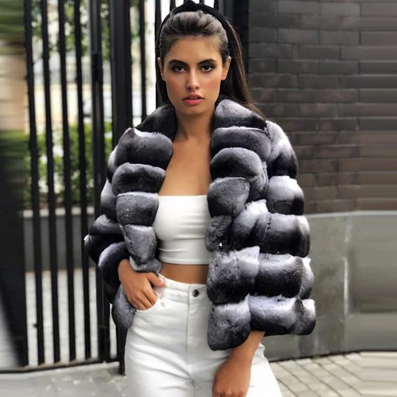 Fashion Women Real Fur Coat Natural Whole Skin Real Chinchilla Color Rex Rabbit Fur Coats Long High Quality Genuine Fur Jackets