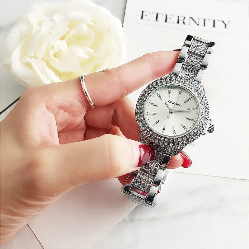 Часы CONTENA стразы женские повседневные брендовые роскошные золотистые наручные с