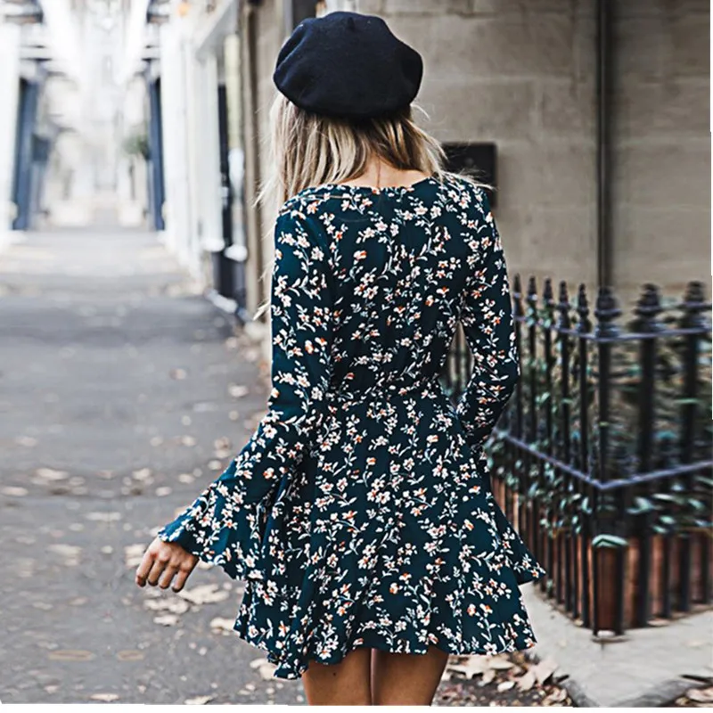 

Women's autumn long-sleeved sexy mini dress flower ladies casual V-neck short autumn dress 2020