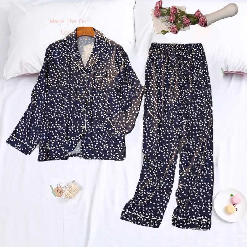 Ice Silk Pajamas Women Sleepwear Suits Spring Summer Long Sleeve Trousers Suit Printing Fashion Pyjamas Set Femme Home Clothing