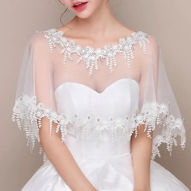 

2020 New Women Wedding Tulle Shrug Shawl Wrap Embroidered Floral Tassels Rhinestone Cape