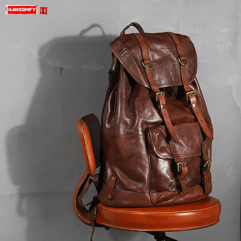 

Vegetable Tanned Cowhide Leather Men's Backpack Male Retro Large Capacity Bag Men Bucket Travel Backpacks New Original 2021