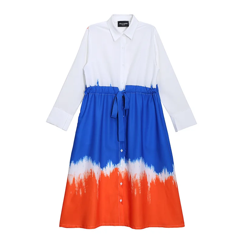 

SuperAen 2021 Autumn New Printed Plus Size Loose Turn-down Collar Draw String A-LINE Casual Woman Dress