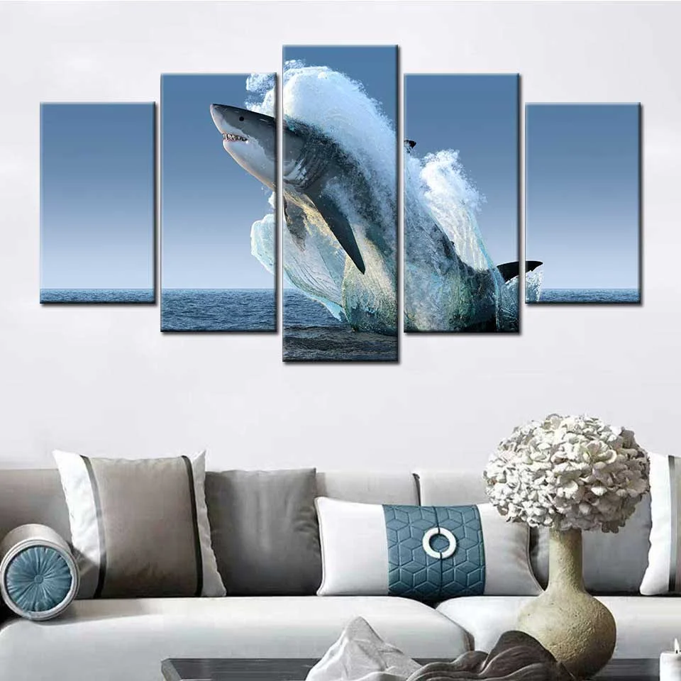 

Wall Art Canvas Painting 5 Panel Jumping Water Surface White Shark Picture Print Modern Nordic Poster Home Living Room Decor
