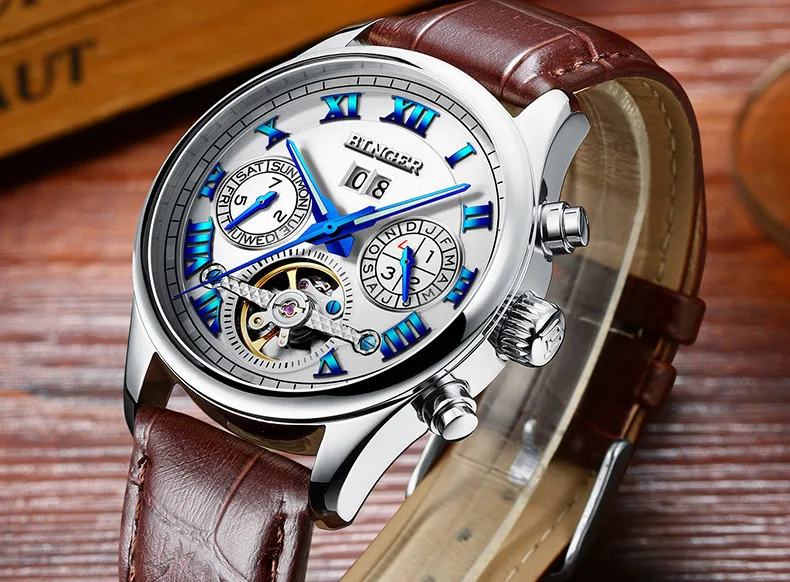 Швейцарские Бингер мужские часы люксовый бренд Tourbillon сапфир светящиеся несколько функций механические наручные часы B8602-7