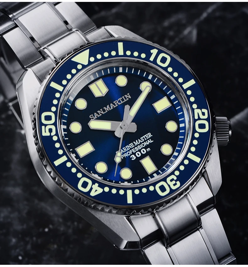 san martin blue Мужские автоматические часы для ныряльщика, часы из нержавеющей стали, водонепроницаемость 300 м, Акула SBDX001, керамический ободок, модные наручные часы - Цвет: san martin blue