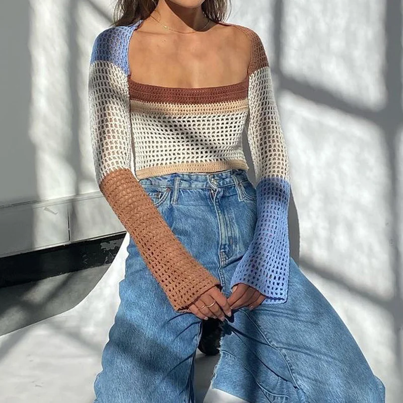 

Crop Top Women Beach Knitted Long Sleeve Y2K Autumn Summer Patchwork Vintage Green Casual T Shirts Sexy Fashion All-match