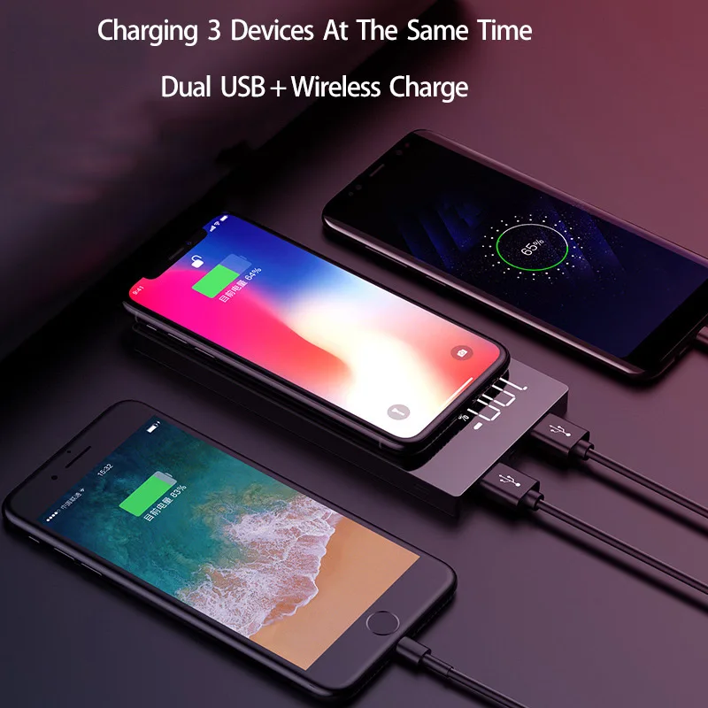 QI Беспроводное зарядное устройство зеркало power Bank светодиодный дисплей 20000 мАч Внешний аккумулятор для iPhone 8 XS MAX samsung Xiaomi huawei
